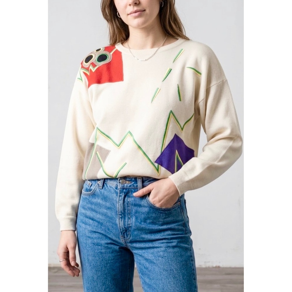 RARE Vintage 80s Georgee by Sally B Abstract Geometric Wool Blend Sweater Cream
